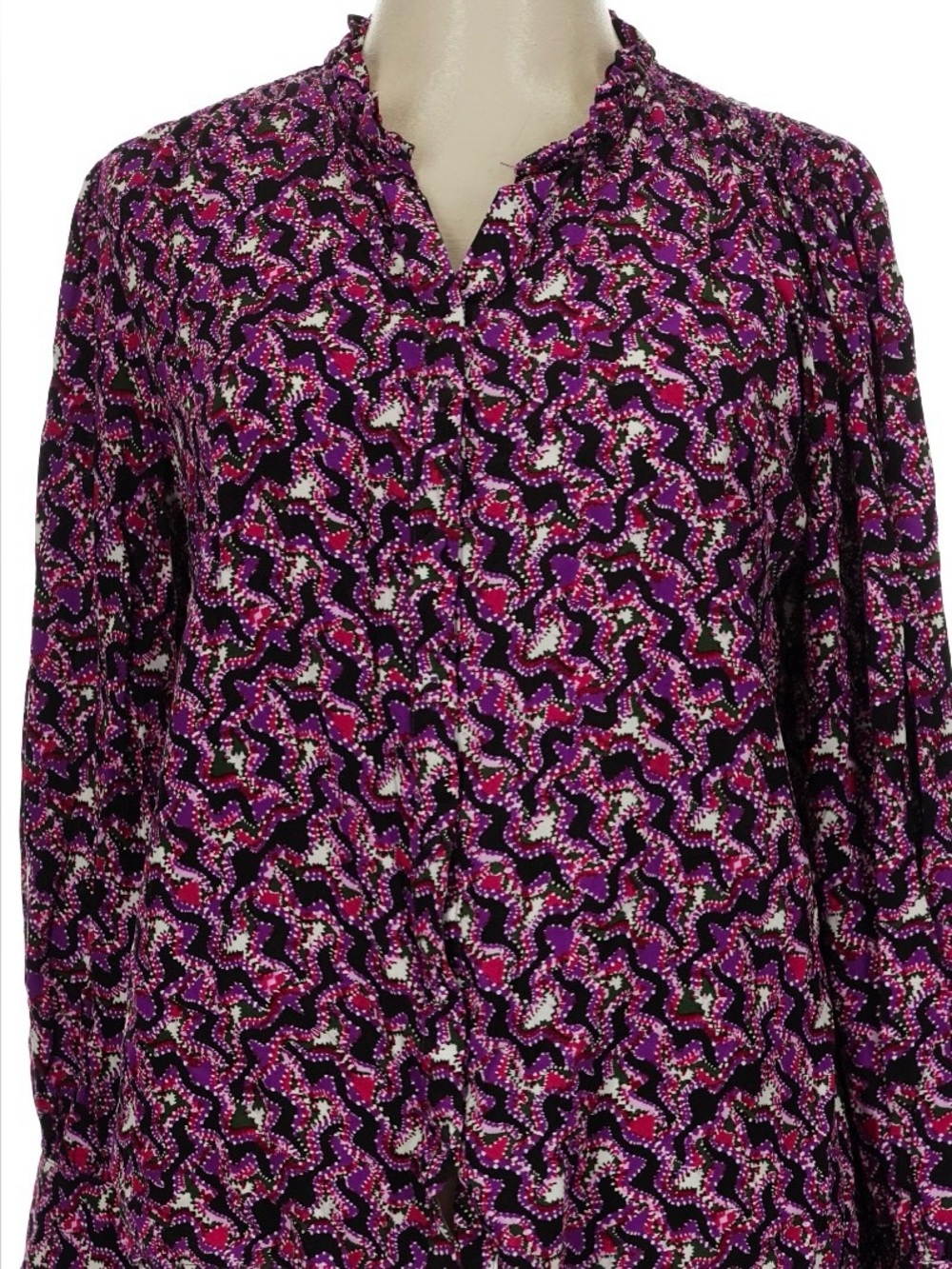 SUNCOO Purple & Magenta Pattern Blouse, V-Neck Long-Sleeve Frilly Collar Ditsy - Picture 3 of 13